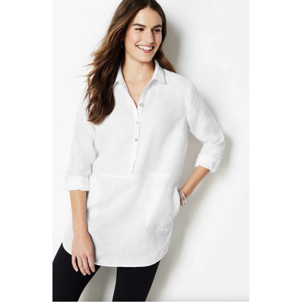J.Jill Tunic L White 100% Linen Roll Tab Sleeve Button Front Pockets